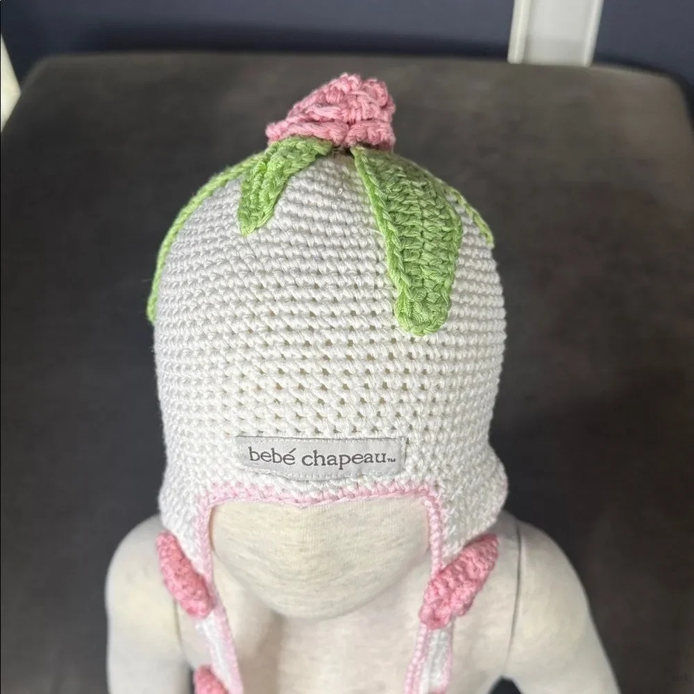 Bebe Chapeau White with Pink Roses Infant Beanie Hat 100% Cotton 2-8 years NEW